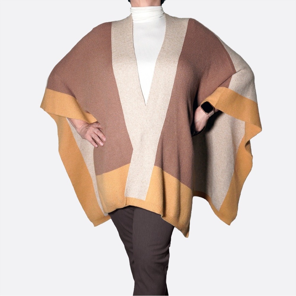 Colorblock Luxe Knit Poncho Wrap Earthy Neutrals‎ Plus Size 1X 2X Old Money